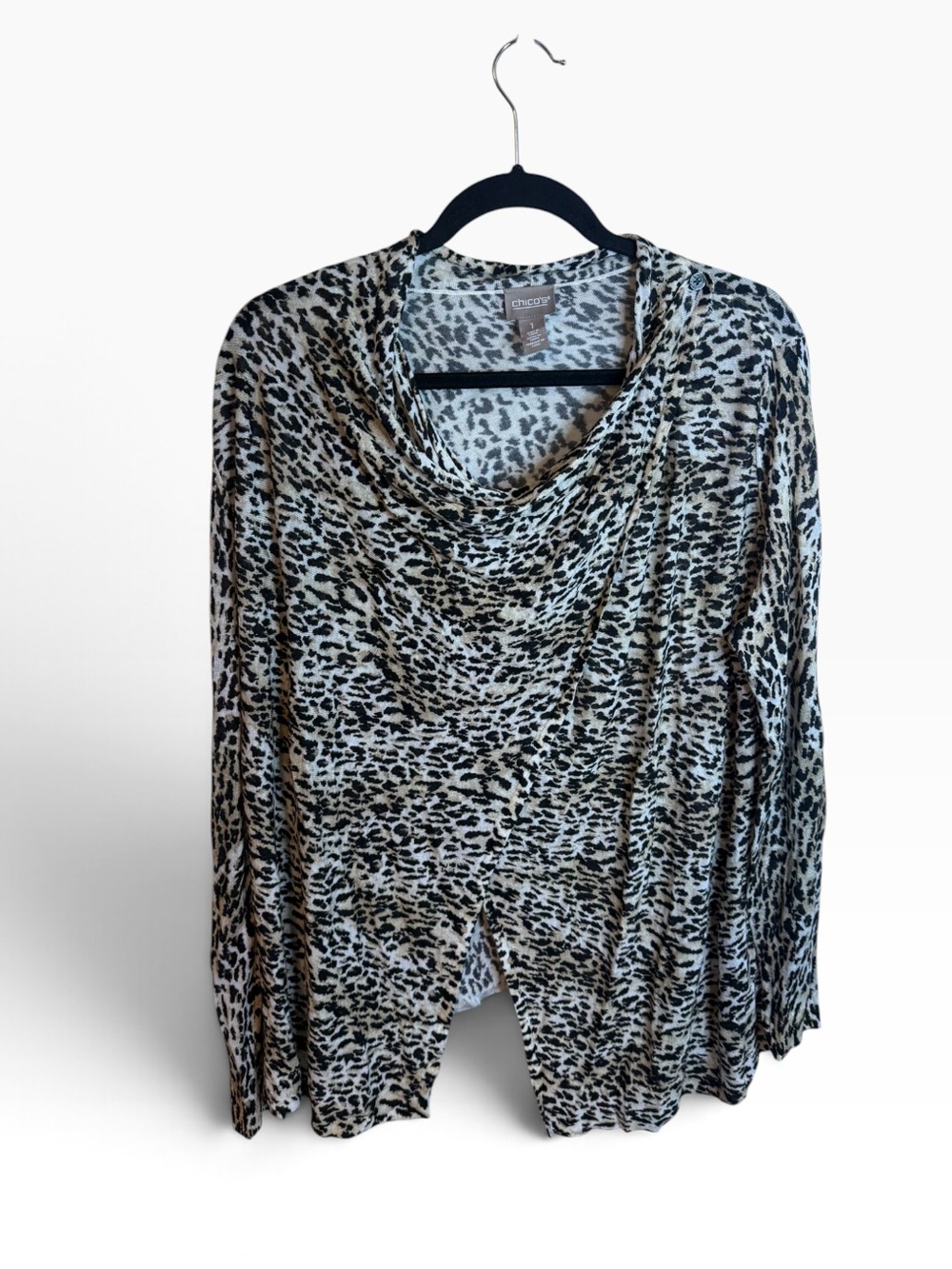 Chico’s Cheetah Print Ramie Cowl Neck Drapey Sweater